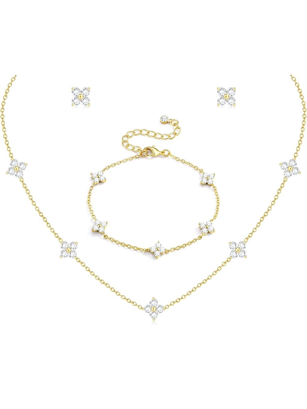 14K Gold Plated Crystal Flower Four Leaf Necklace, Bracelet & Earring Set